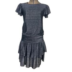 Vintage Metallic Silver Drop Waist 80s Mini‎ Dress Womens (S) Tiered Skirt Prom